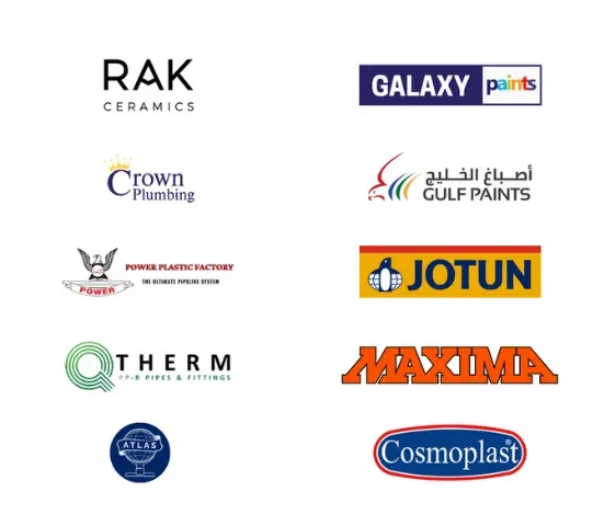 Major brands we supply - Rak ceramics , Galaxy Paints , Crown Plumbing , Gulf Paints , Power Plastic , Jotun , Therm Pipes ,  Maxima , Atlas , Cosmoplast