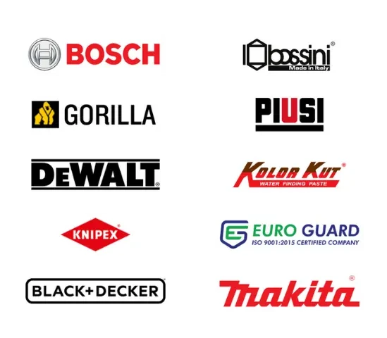 Major brands we supply - Bosch , Bossini , Gorilla , Piusi , Dewalt , Kolor Kut , knipex , Euro Guard , Black Decker , Makita